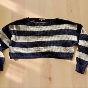 Stella Tweed | Striped Navy and White Cropped Knit Crewneck Sweater | Sz Medium